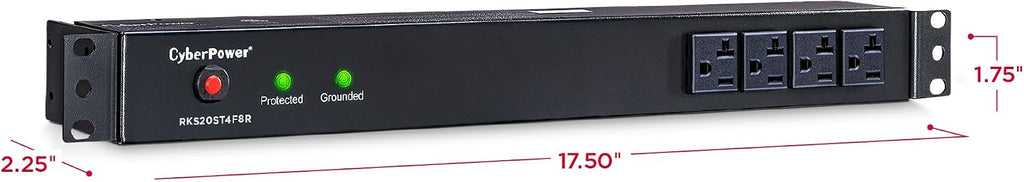 CyberPower RKBS20ST4F8R Rackbar Surge Protector, 120V/20A, 12 Outlets, 15 Foot Power Cord, 1U Rackmount, UL Listed