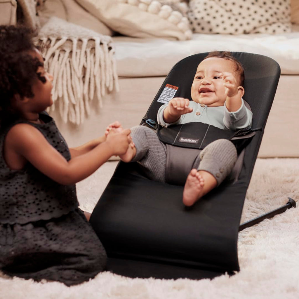 BabyBjörn Bouncer Balance Soft, Black/Dark Gray, Woven | 2-in-1 Adjustable Baby Bouncer Seat and Toddler Chair, Newborn to Toddler (8-29 lbs), 4 Positions, Lightweight & Portable