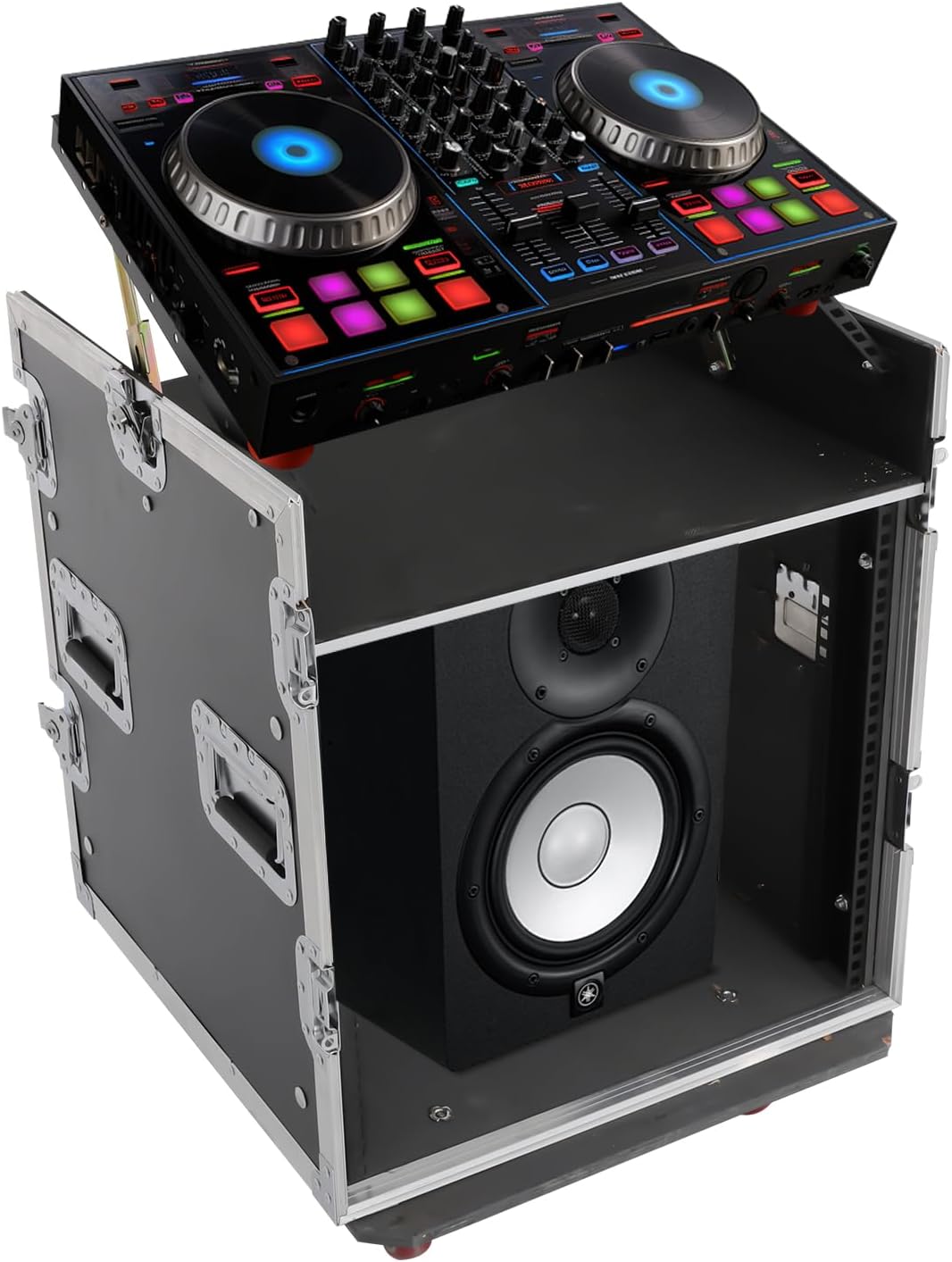 14U PA DJ Rack/Road ATA Case, Network & Stereo Rack with Slant Mixer Tops, 26'' Depth DJ Work Table Rolling Studio Equipment Cabinet, Amplifier Mixer Storage Stand for Pro Tour Grade, Live Sound
