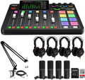 Rode RODECaster Pro 2 Podcast Mixer Bundle with 4 Zoom ZDM-1 Microphone Packs, Headphones, Boom Arms, Stands, XLR Cables, 32GB SD — Complete 4-Person Podcasting Kit