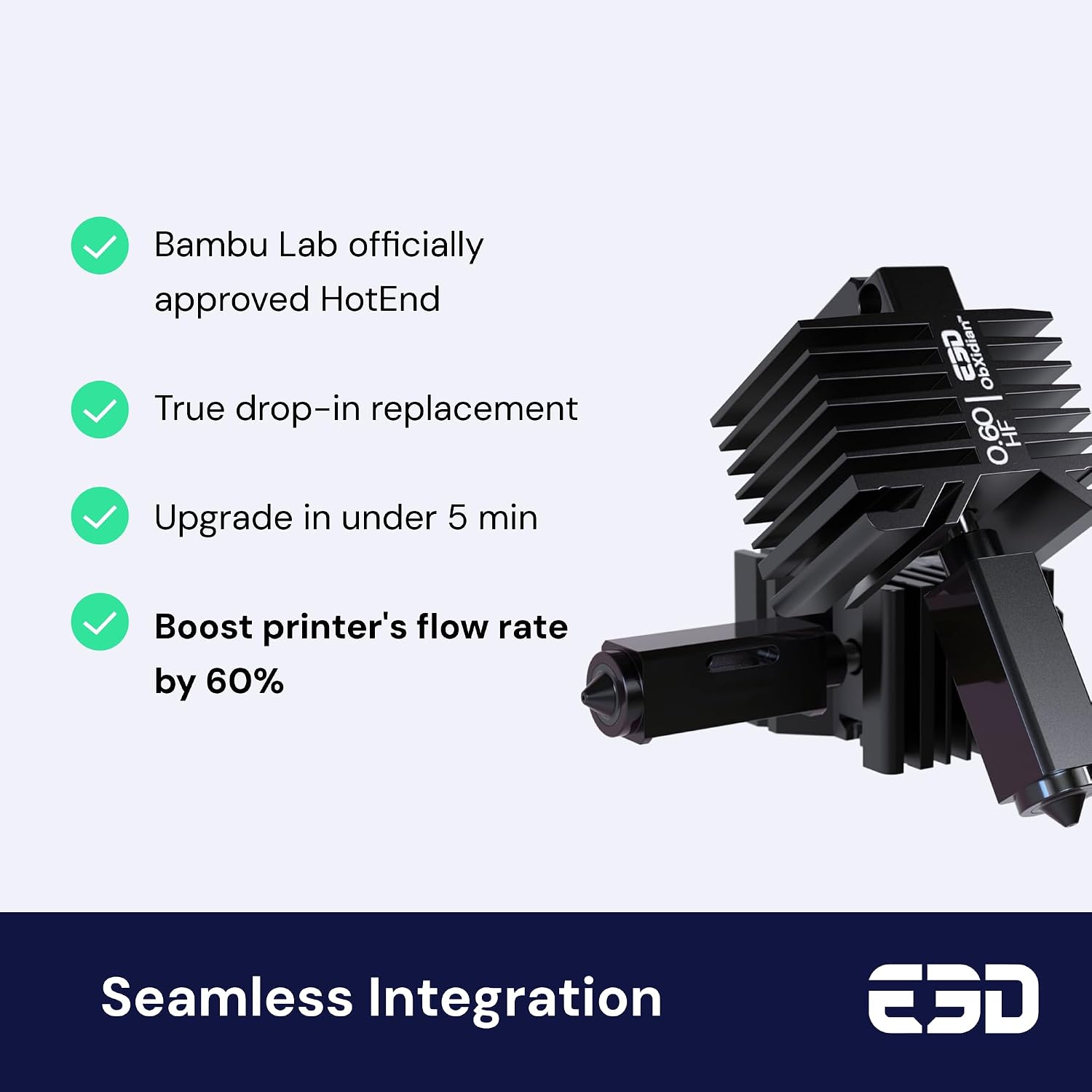 E3D High Flow ObXidian™ Bambu Lab P1P/P1S (0.6mm) Complete HotEnd, 60% Increased Flow Rate, Smooth 3D Printing, Ideal for Fiber-Filled Filaments, Bambu Approved