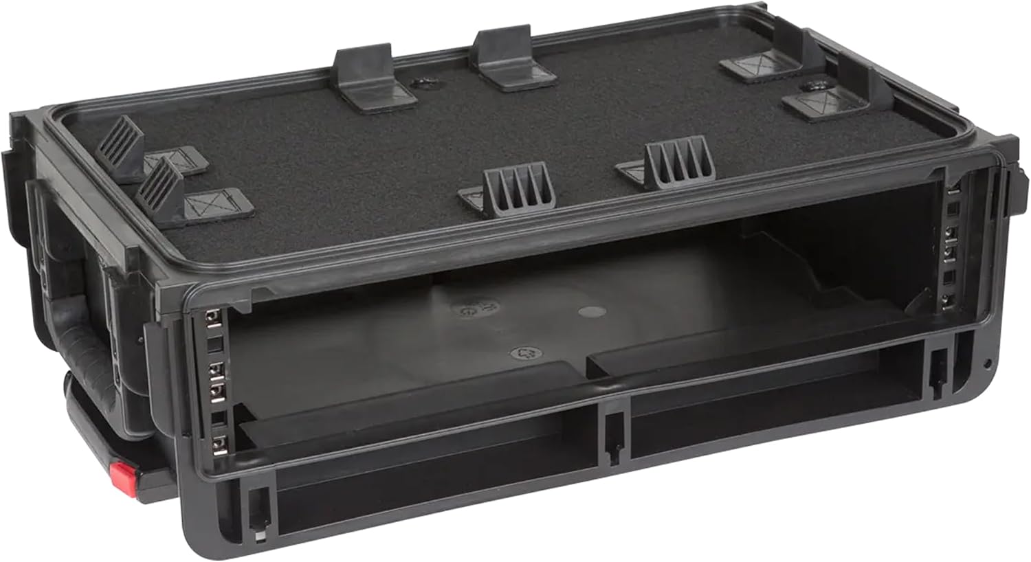 SKB Studio Flyer Rack Case - 2U Waterproof Carry-on with Laptop Surface, Molded Rack Rails, Rubber Cleats and Quiet Wheels, Ideal for Musicians, Black