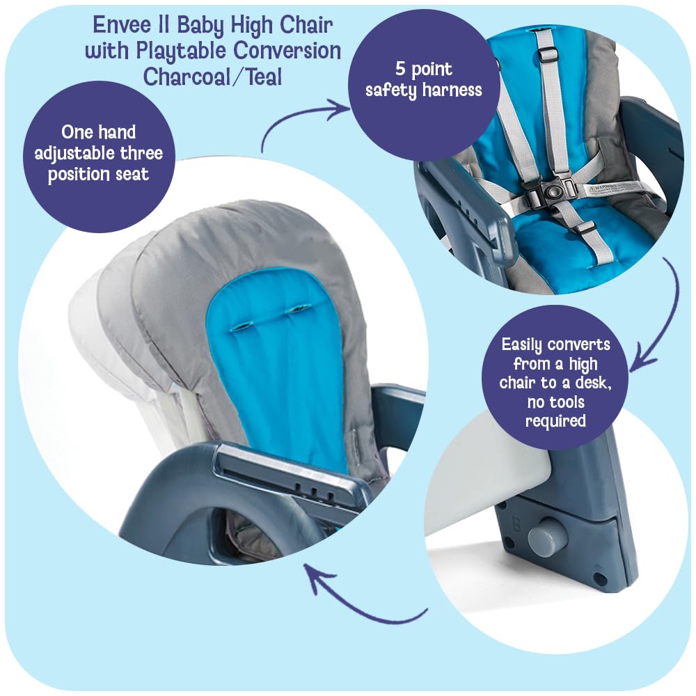Badger Basket Envee II Convertible Baby High Chair with Infant Feeding Seat, Booster Seat, and Toddler Desk with Chair - Charcoal/Teal