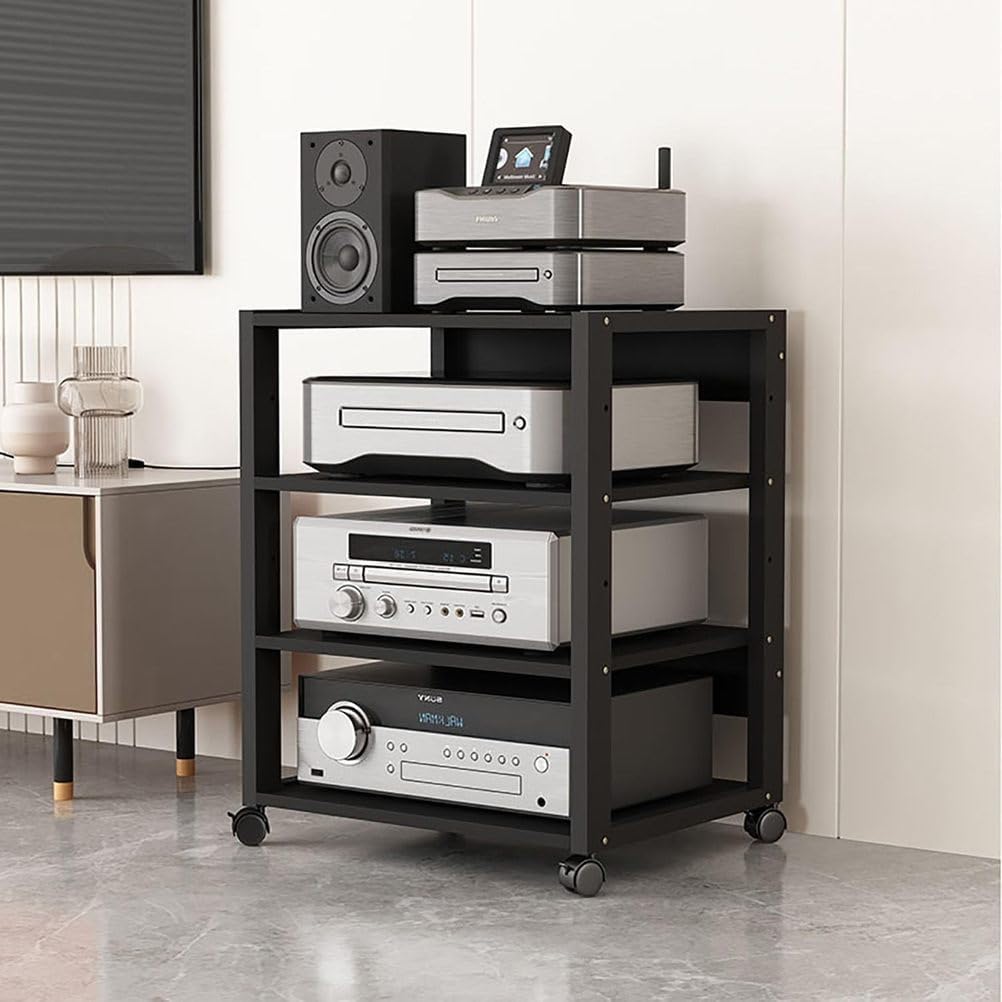 AV Media Tower Stereo Cabinet 3/4/5 Tier Floor-Standing Audio Rack CD DVD Record Player Stand Movable Corner Storage Shelf with Wheels for Home Theater,4 Tier