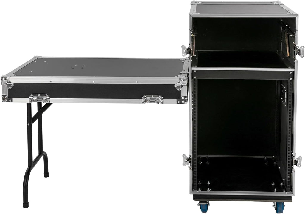 14U PA DJ Pro Audio Rack Road Case with 11U Slant Mixer Top, DJ Work Table and Casters, DJ Mixer Rack, Pro Tour Grade