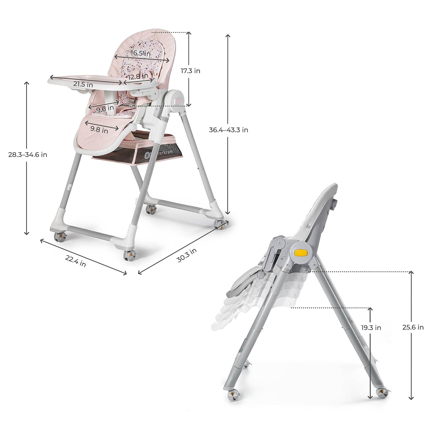 Kinderkraft LASTREE Foldable Baby High Chair for Babies and Toddlers with Reclining Function, Play Bar, Adjustable Tray and Footrest in Grey