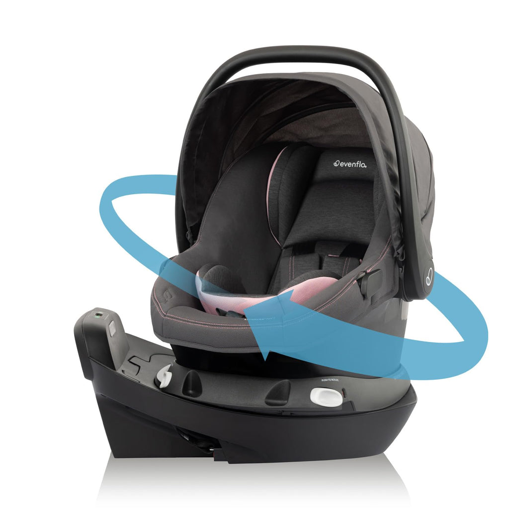 Evenflo Revolve180 LiteMax NXT Rotating Rear-Facing Lightweight Preemie and Infant Car Seat 3-30lbs with Green & Gentle. Easy Install with Base (Primrose Pink)