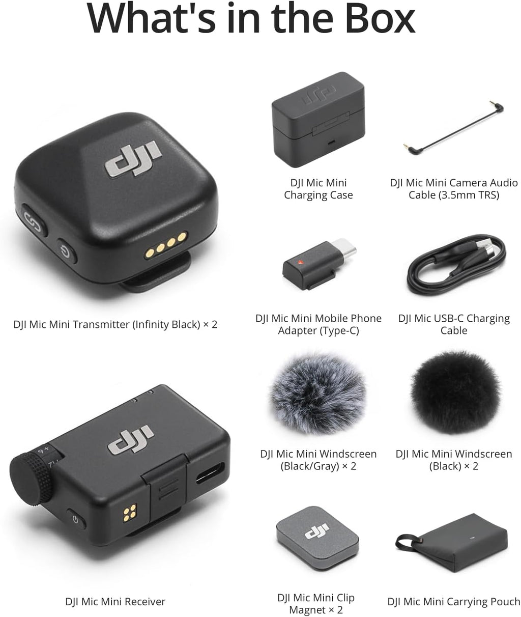 DJI Mic Mini (2 TX + 1 RX + Charging Case) Wireless Lavalier Microphone, Ultralight, 48-Hour Battery Bundle with 2 YR CPS Enhanced Protection Pack, 2 x Deco Gear Lapel Microphone and 7' EVA Case