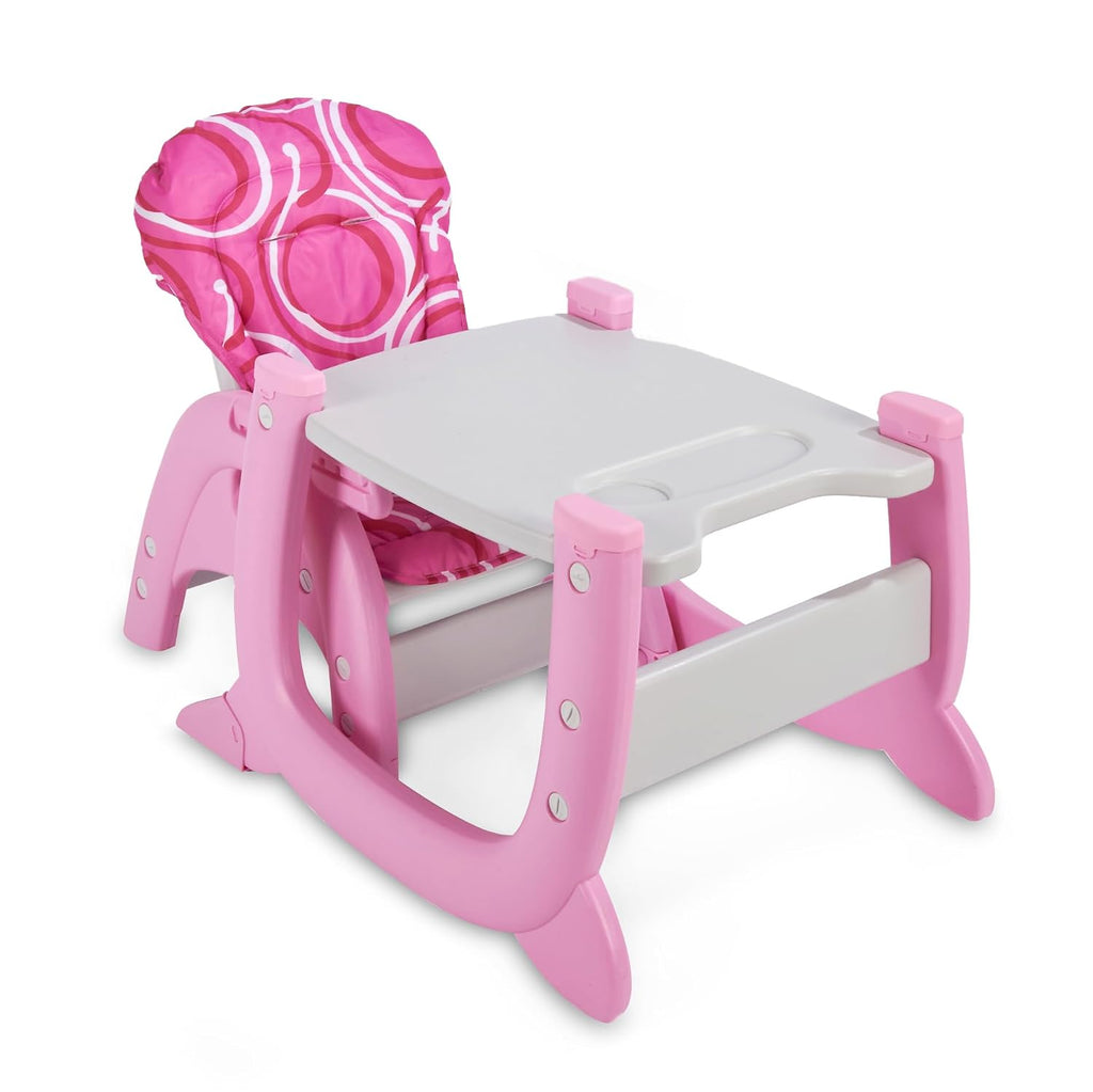 Badger Basket Envee II Convertible Baby High Chair – Infant Feeding Seat, Booster, and Toddler Desk with Tray and Cushion – Pink/White