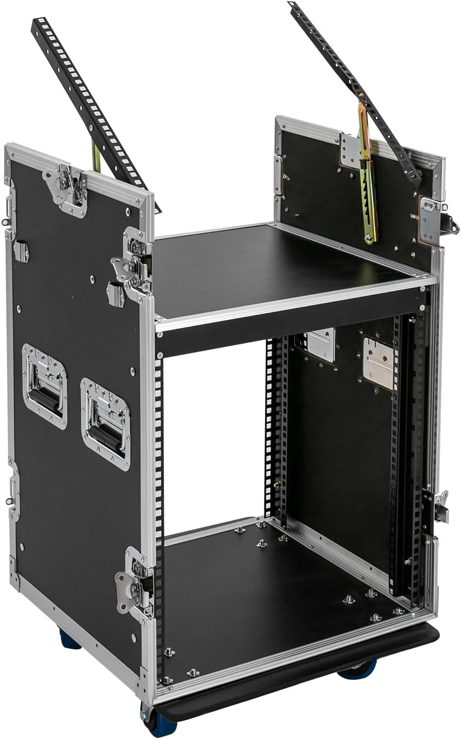 12U Mobile PA DJ Rack/Road Case, Network & Stereo Rack with DJ Mixer Tops, Heavy-Duty 2-Tier Studio Equipment Cabinet with 4 Wheels, Amplifier Mixer Storage Stand for Live Sound, KTV, Home Theater