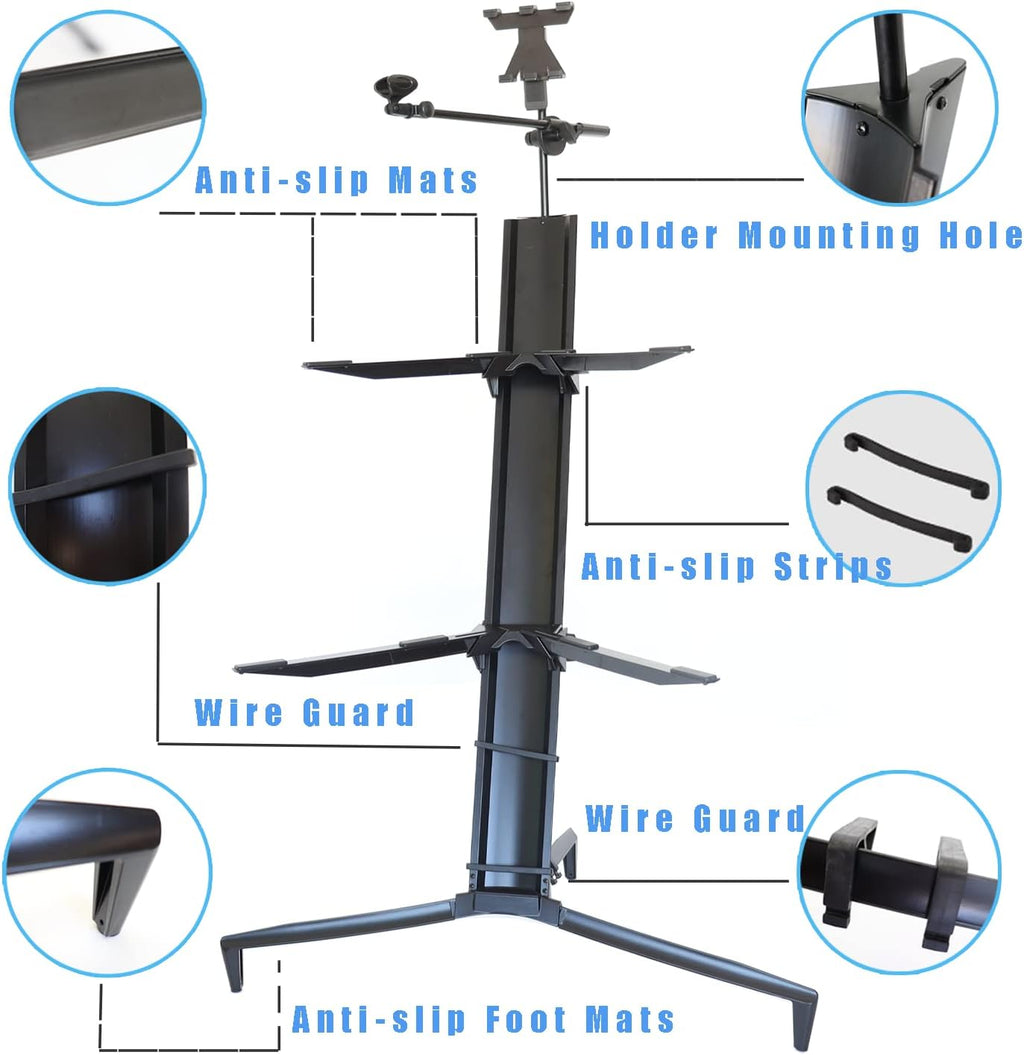 Portable Keyboard Stand - 2-Tier Column for 61/76/88 Key Keyboards - DJ Controller, Mixer, Synthesizer - Aluminum with Carrying Bag