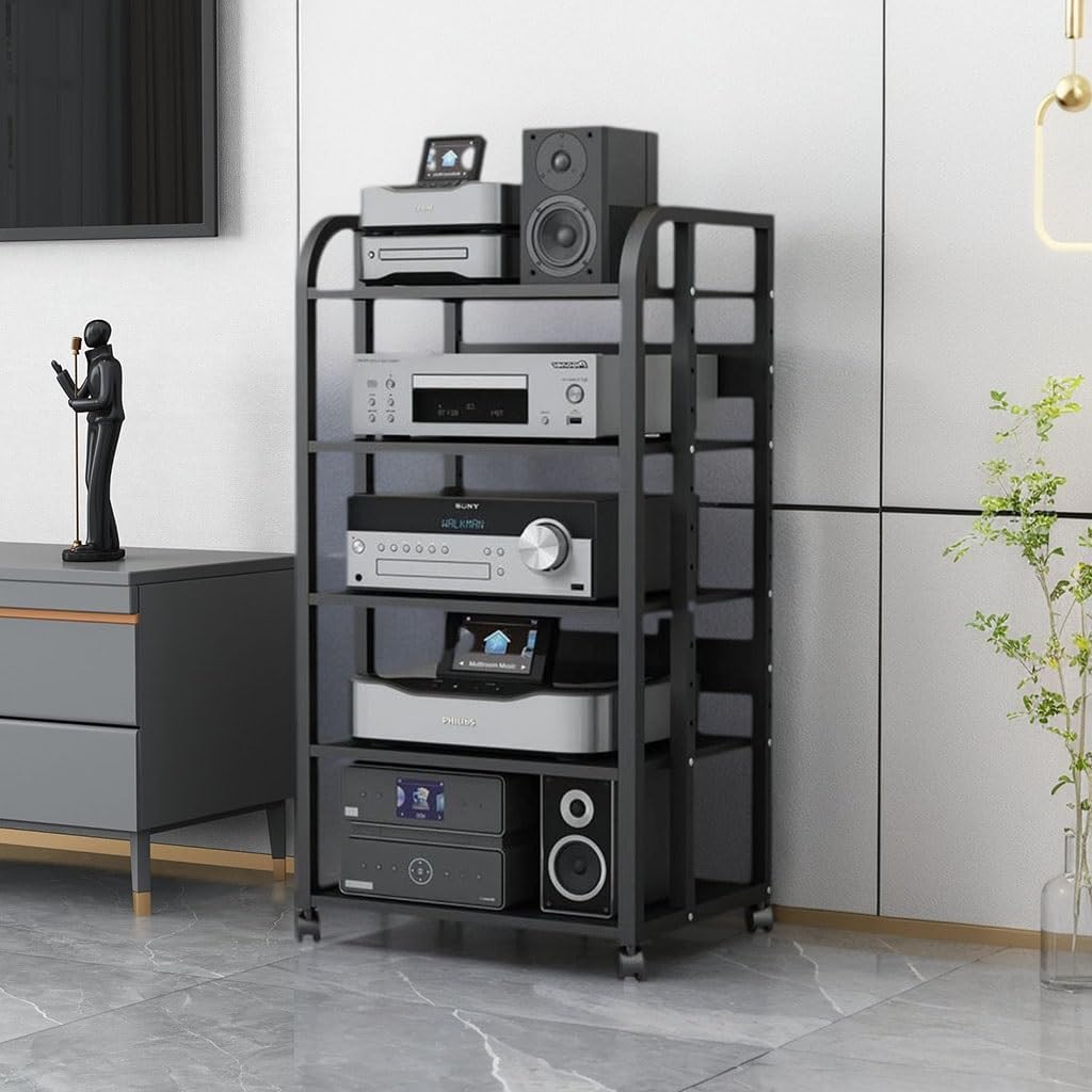 5-Tier Av Media Stand with Wheels, Audio Tower Rack with Adjustable Shelves, Stereo Racks and Stands with Storage Shelves, Media Console for Home, Office, Theater, Black