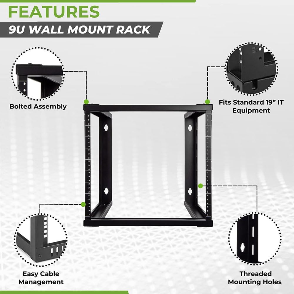 NavePoint 9U Open Frame Wall Mount Server Rack for 19' Networking IT Equipment & A/V, 12-24 Threaded, Compatible with 2-Post Mounting, Black