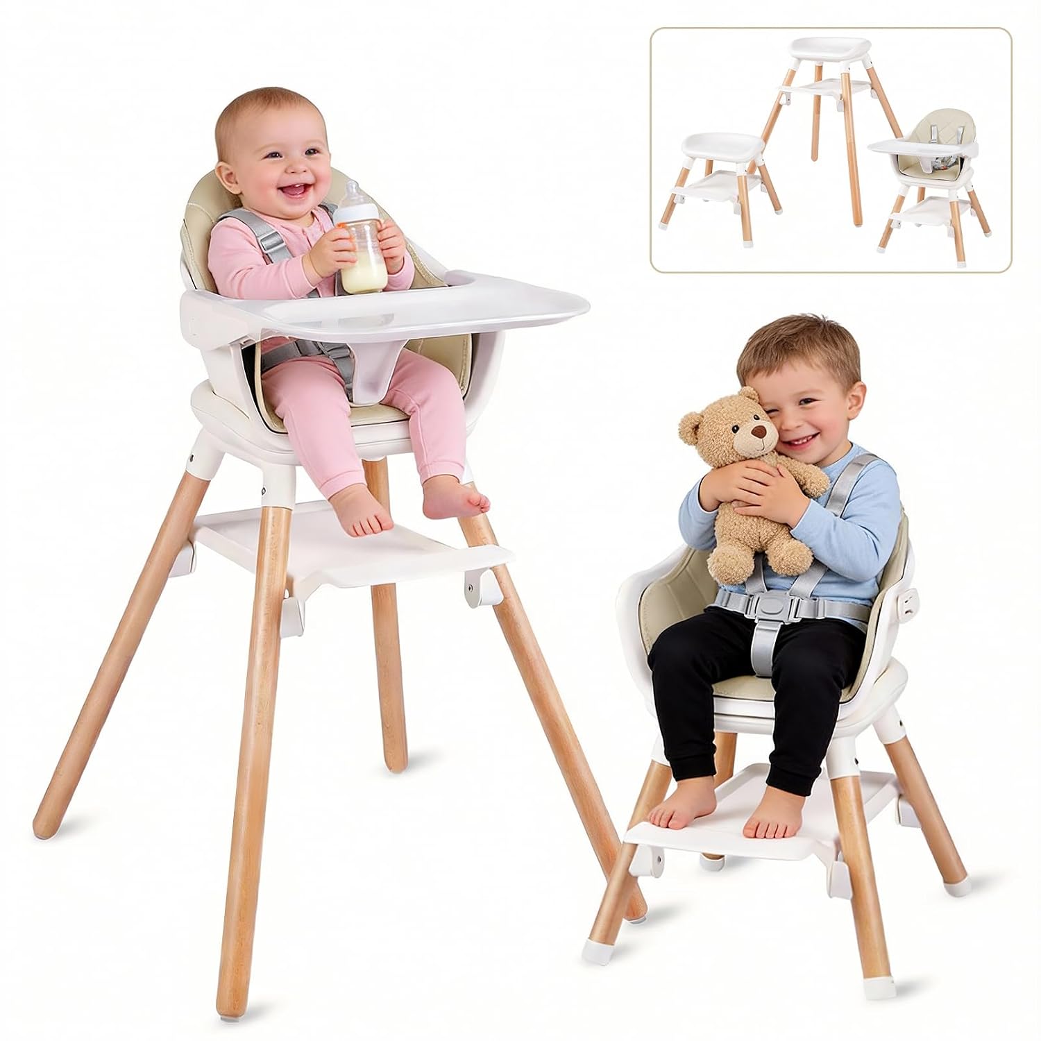 6 in 1 Baby High Chair, Convertible Wooden High Chairs/Booster Seat for Babies and Toddlers, Baby Feeding Chair with 5-Point Harness/Double Removable Tray & Adjustable Footrest (Beige)