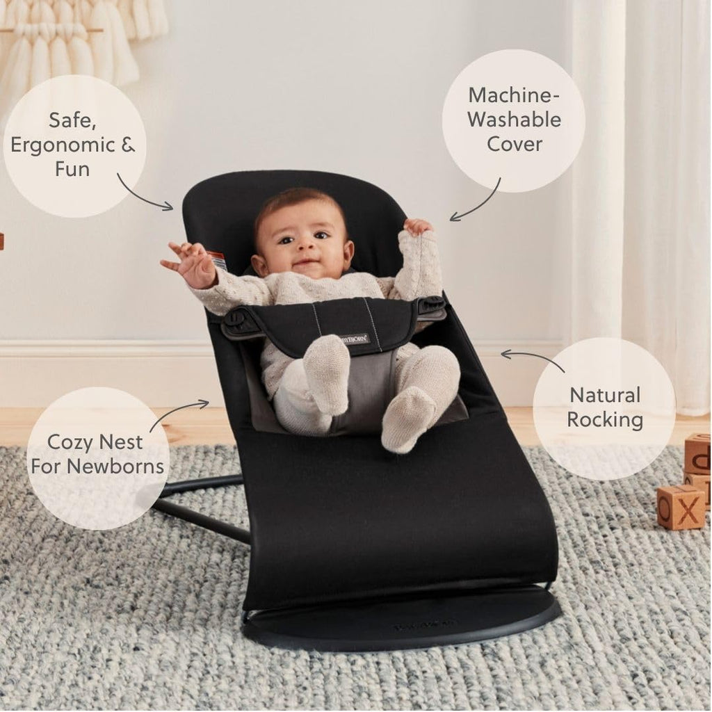 BabyBjörn Bouncer Balance Soft, Black/Dark Gray, Woven | 2-in-1 Adjustable Baby Bouncer Seat and Toddler Chair, Newborn to Toddler (8-29 lbs), 4 Positions, Lightweight & Portable