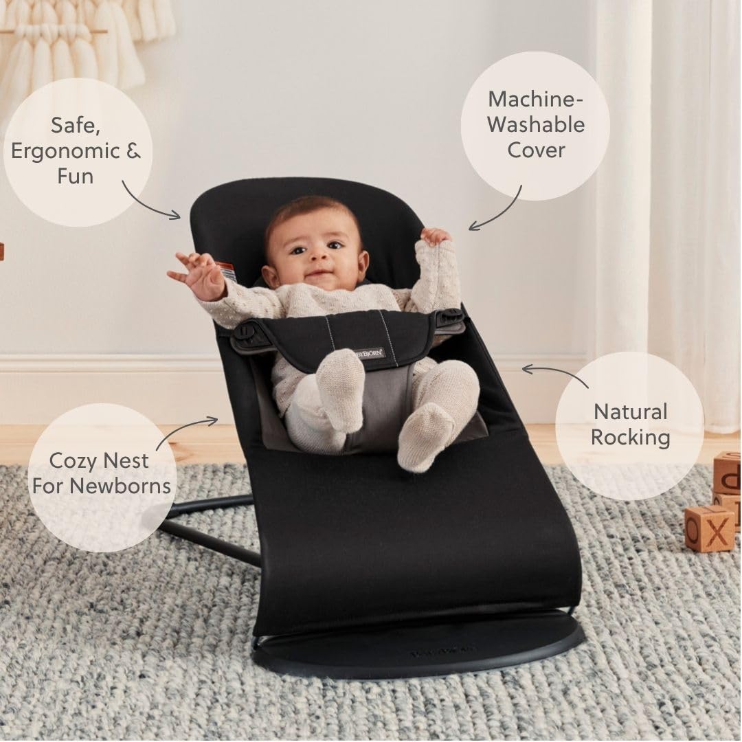 BabyBjörn Bouncer Balance Soft, Black/Dark Gray, Woven | 2-in-1 Adjustable Baby Bouncer Seat and Toddler Chair, Newborn to Toddler (8-29 lbs), 4 Positions, Lightweight & Portable