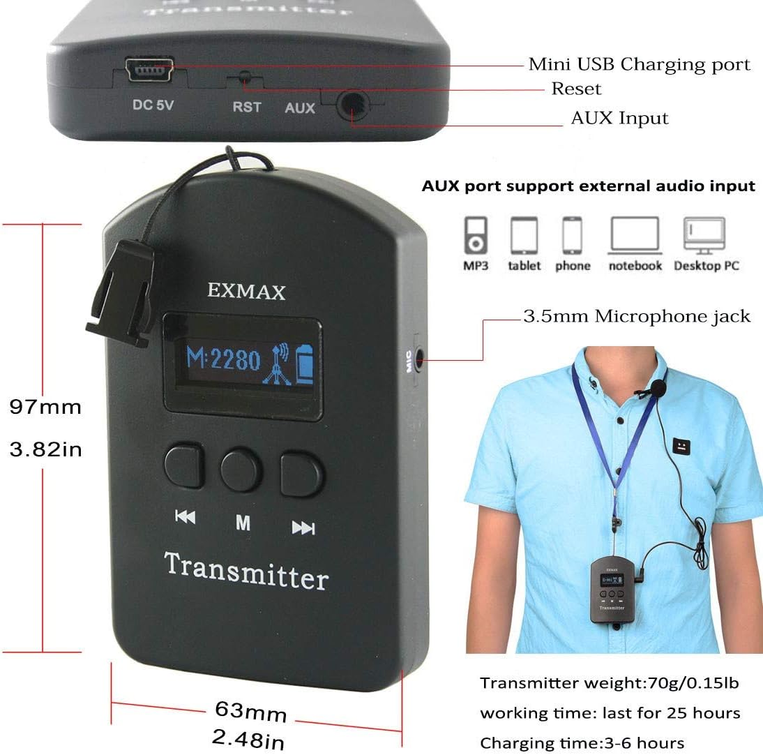 EXMAX EXD-6824 Wireless Tour Guide System Audio Transmission Kit Church Translation Translator in Ear 9999 Channels for Listening Teaching Traveling Museum Conference - 2 Transmitters 20 Receiver Case