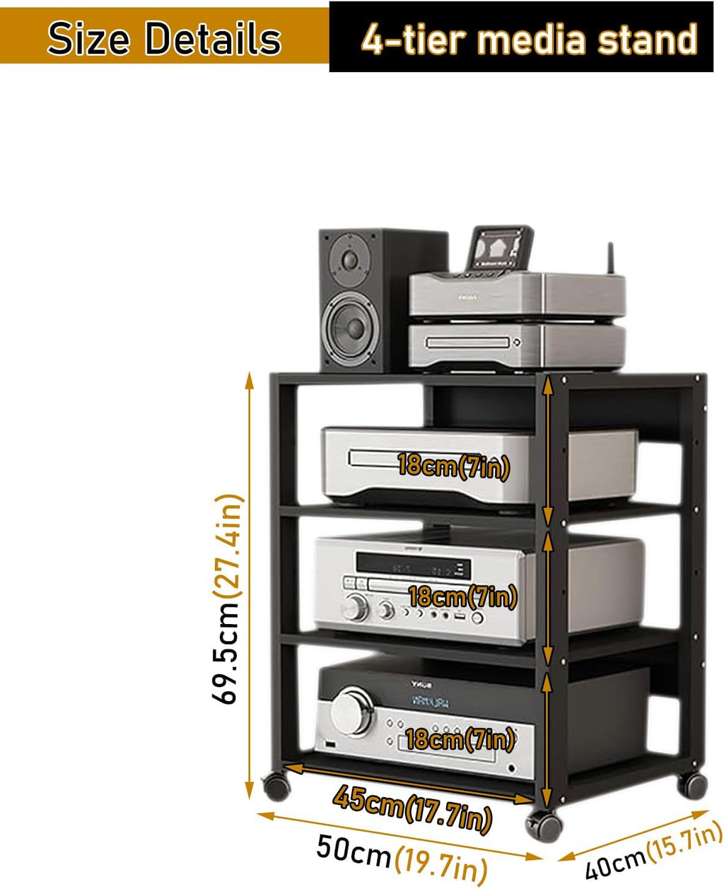 4 Tier Audio Rack Tower, CD Record Player Stereo Receiver AV Equipment Cabinet Display Rack, Weight Capacity 661 lbs, with Adjustable Wooden Shelves for Home (4 Tier Black)