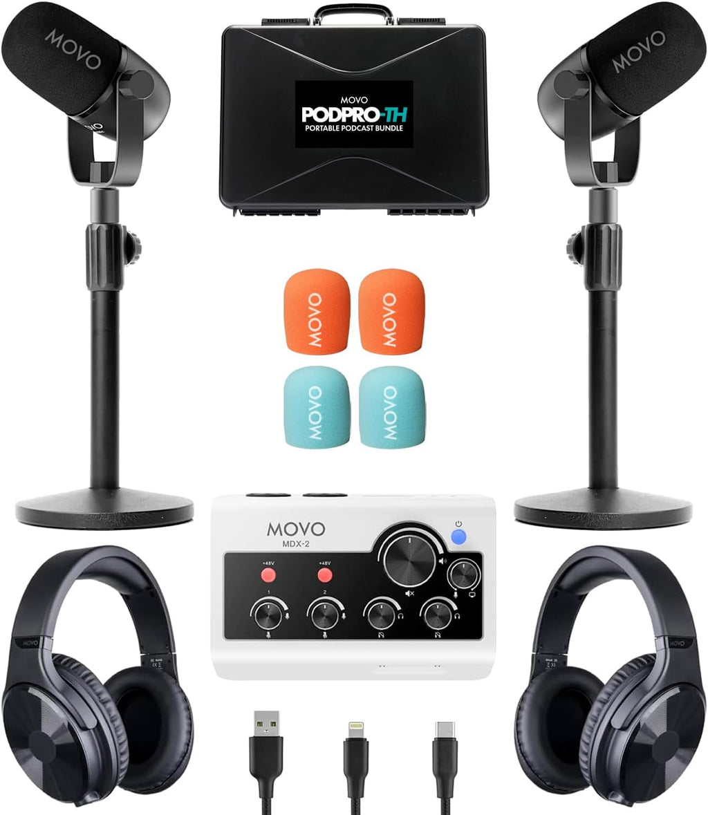 Movo Portable Podcast Equipment Bundle for iPhone/Android Phones- Podcast Kit with Audio Interface, 2 CastMic Dynamic Mics, 2 Table Stands - For Smartphones, Computers, PC, Mac - Lightning, USB, USB-C