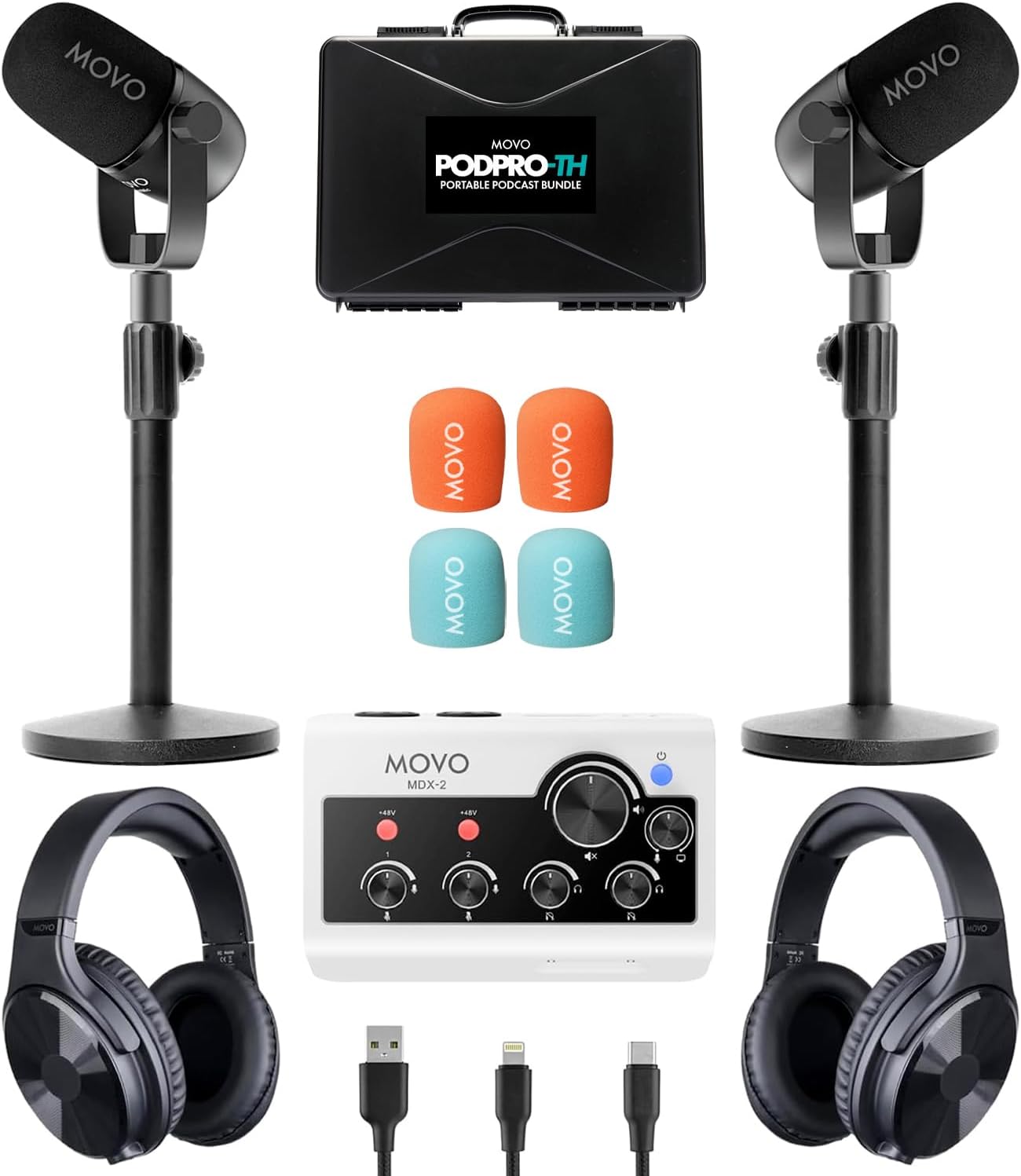 Movo Portable Podcast Equipment Bundle for iPhone/Android Phones- Podcast Kit with Audio Interface, 2 CastMic Dynamic Mics, 2 Table Stands - For Smartphones, Computers, PC, Mac - Lightning, USB, USB-C
