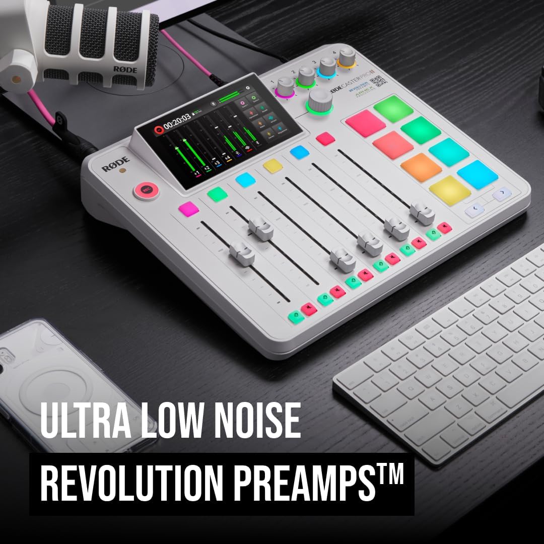 Rode RODECaster Pro II (White) Audio Production Console with 4x PodMic Microphones, PSA1+ Professional Boom Arms, Over-Ear Headphones, 32GB microSD Card & XLR Cables