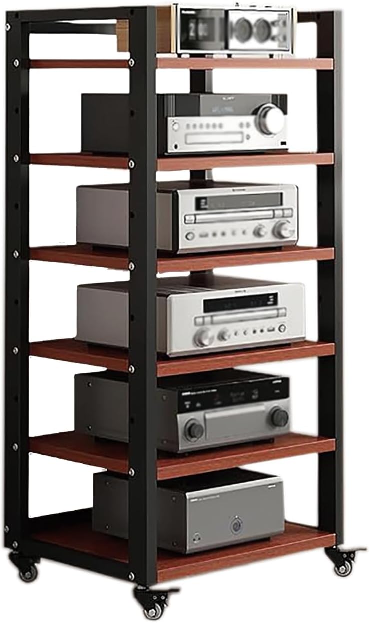 6 Tier Audio Rack Tower, CD Record Player Stereo Receiver AV Equipment Cabinet Display Rack, Weight Capacity 661 lbs, with Adjustable Wooden Shelves for Home (6 Tier Teakwood)