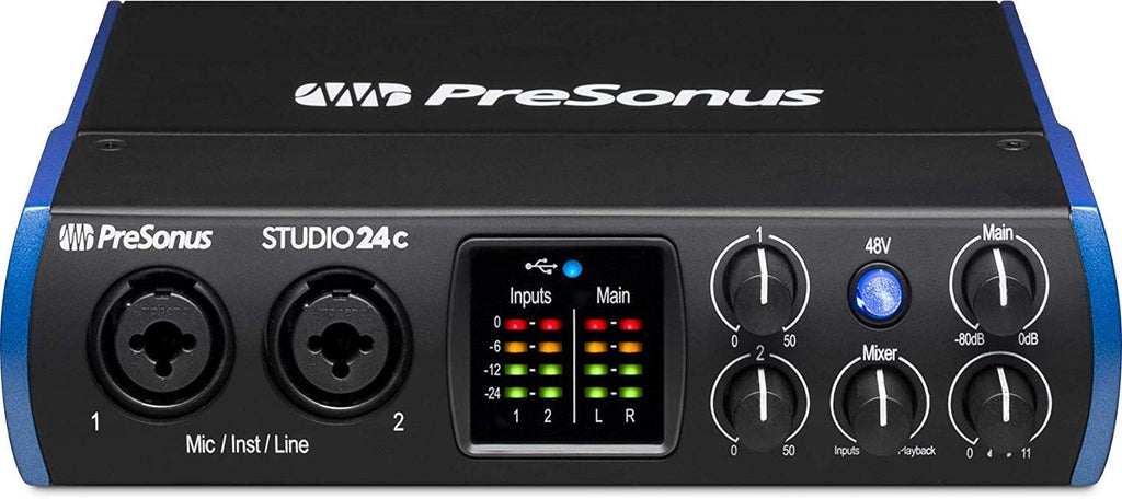 PreSonus Studio 24c Recording Studio Bundle with Mackie CR4-X Monitors, Condenser Microphone, Isolation Shield, Headphones, XLR Cables & Complete Music Production Software Suite
