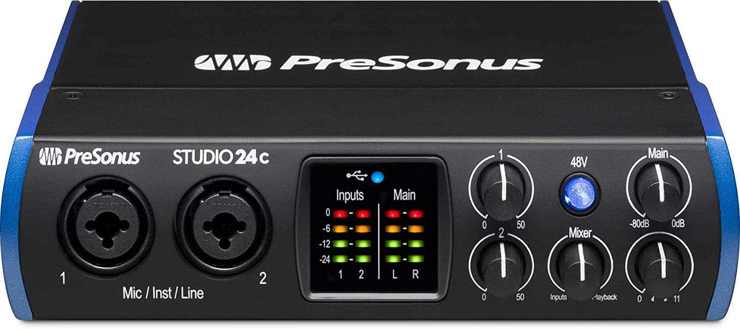 PreSonus Studio 24c Recording Studio Bundle with Mackie CR4-X Monitors, Condenser Microphone, Isolation Shield, Headphones, XLR Cables & Complete Music Production Software Suite