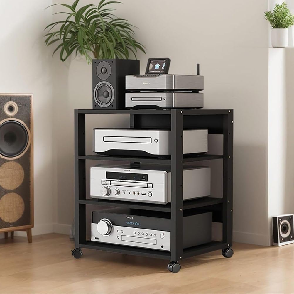 AV Media Tower Stereo Cabinet 3/4/5 Tier Floor-Standing Audio Rack CD DVD Record Player Stand Movable Corner Storage Shelf with Wheels for Home Theater,4 Tier