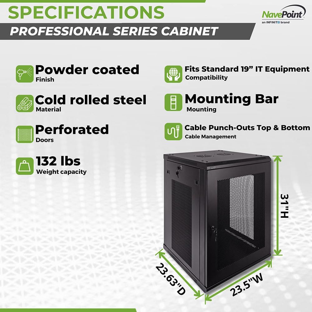 Navepoint 15U Deluxe IT Wallmount Cabinet Enclosure 19-Inch Server Network Rack with Locking Perforated Door 24-Inches Deep Black