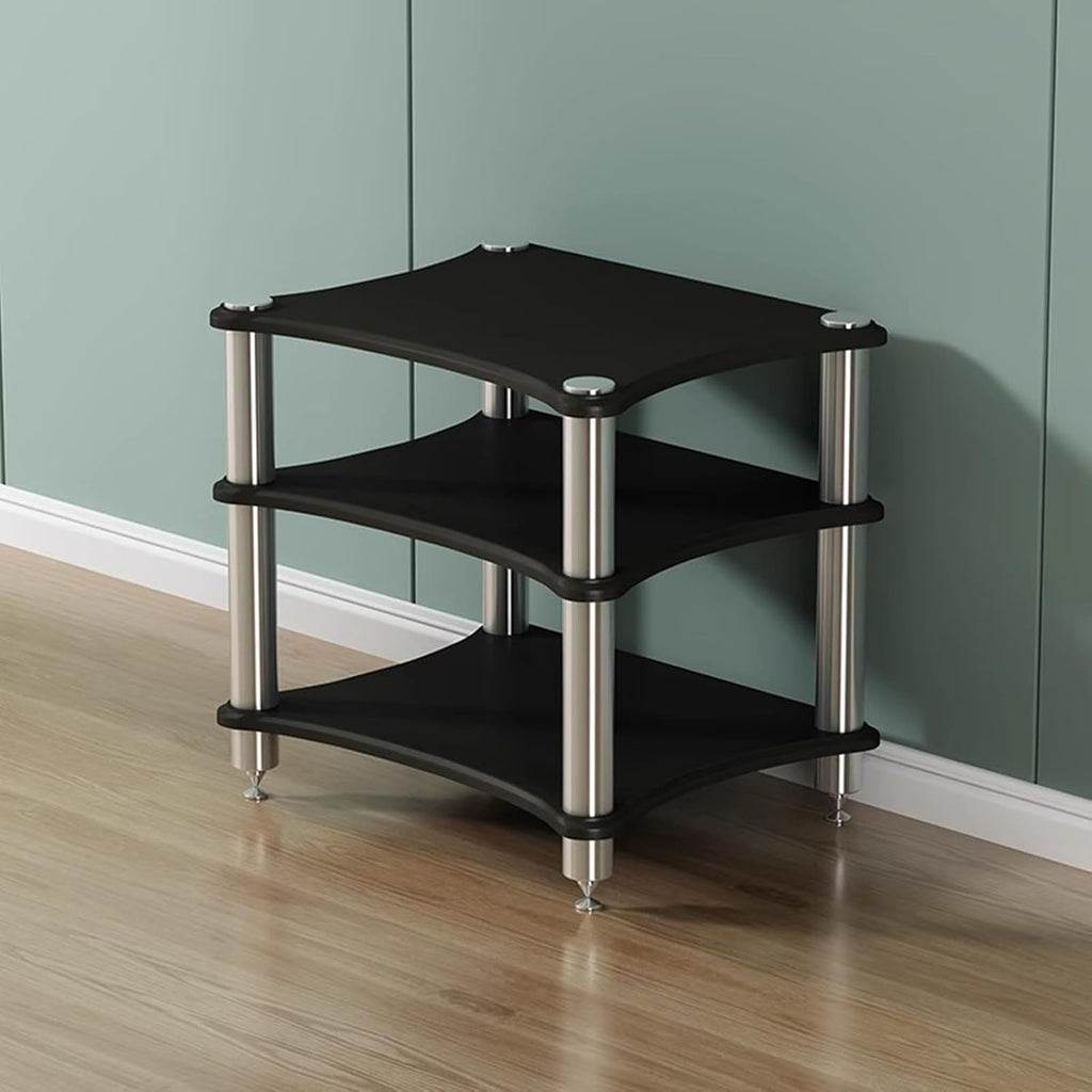 Wood Audio Cabinet Rack, Stereo Record Player AV Media Stand Furniture, Home Audio-Video Equipment Storage Shelving, Rounded Corner Design(Black - 3 Tier)