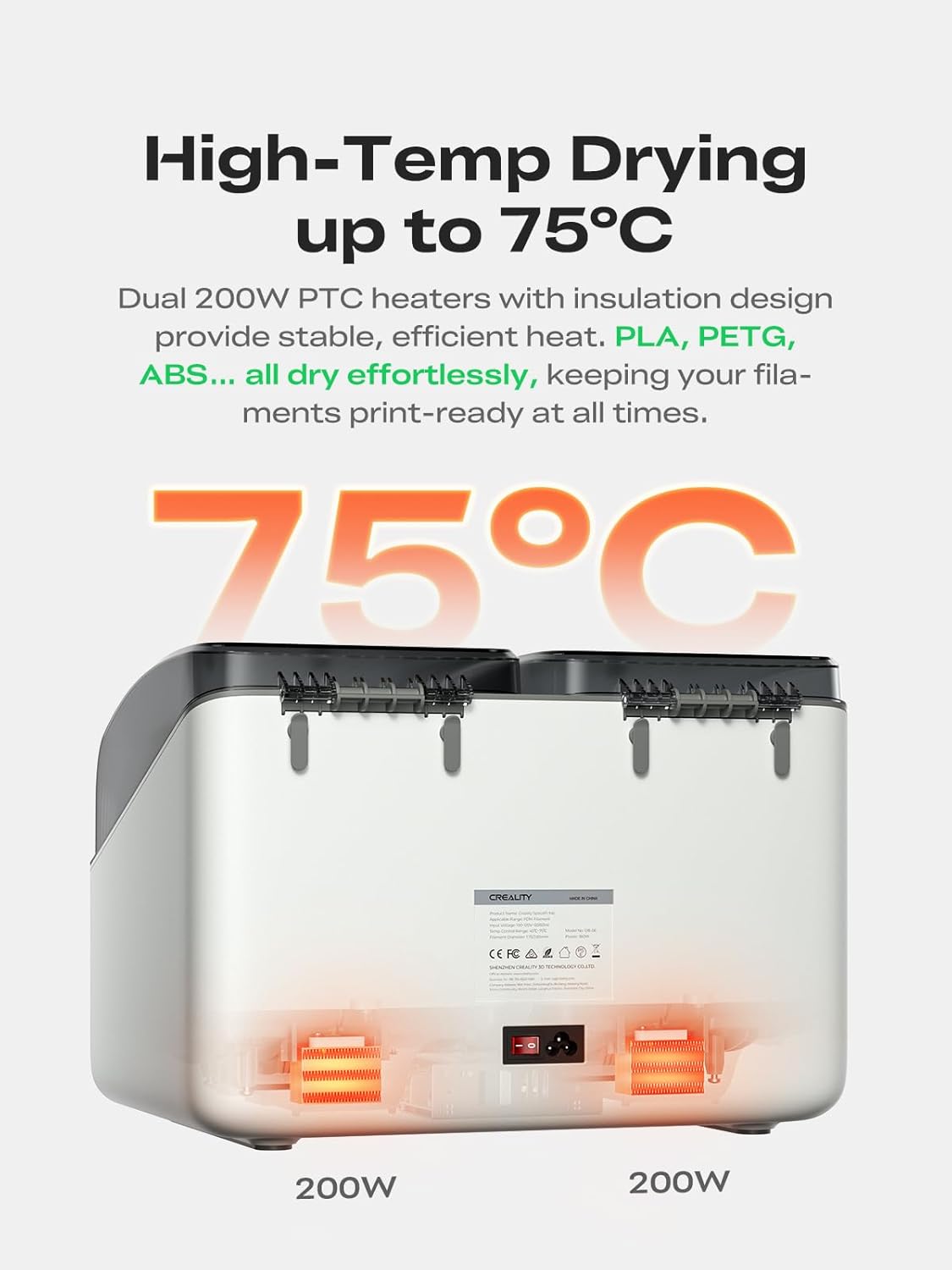 Creality Filament Dryer Box 4 Spools, Space Pi X4L Filament Storage Box, Max 85°C Temperature, Dual Independent Heating Chambers & Fan, Rapid Drying for PLA,PETG,TPU,ABS,PET,PC,ASA,PA,PAHT