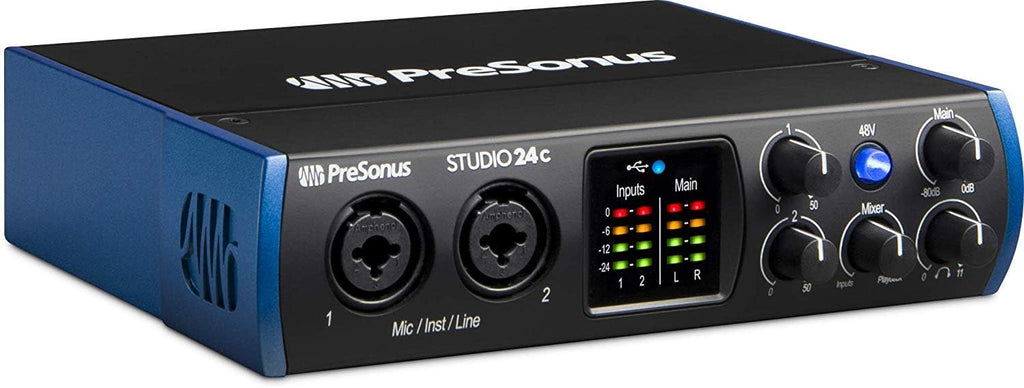 PreSonus Studio 24c 2×2 USB-C Audio/MIDI Interface + Studio One Artist DAW + Cardioid Condenser Microphone Kit with XLR Cable Shockmount Pop Filter Mic Stand and Headphones Bundle