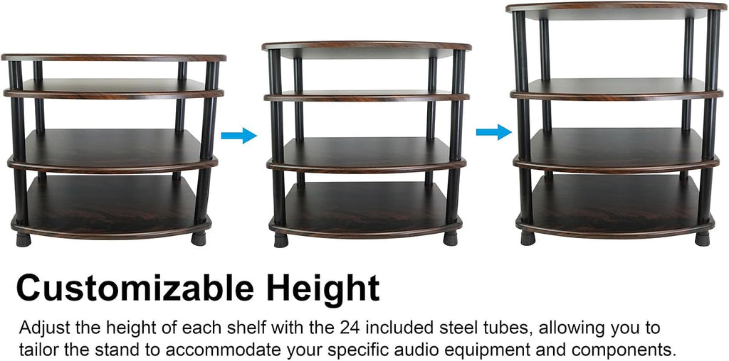 Rockville FLX Dark Wood Adjustable Height 4 Shelf Home Theater Audio Rack Stand, 24'x18', 300lb Limit, Steel Tubes, Perfect for Home Theaters, Studios