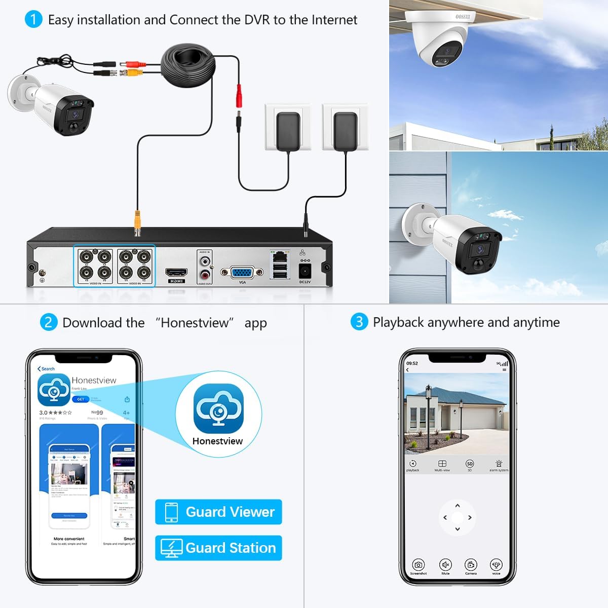 OOSSXX (2026 New) 5MP Wired Security Camera System, 8CH DVR with 3TB HDD, 8 CCTV Cameras (4 Bullet + 4 Dome), 122° Wide Angle, Free App No Monthly Fee, IP67 Outdoor Home Surveillance Kit