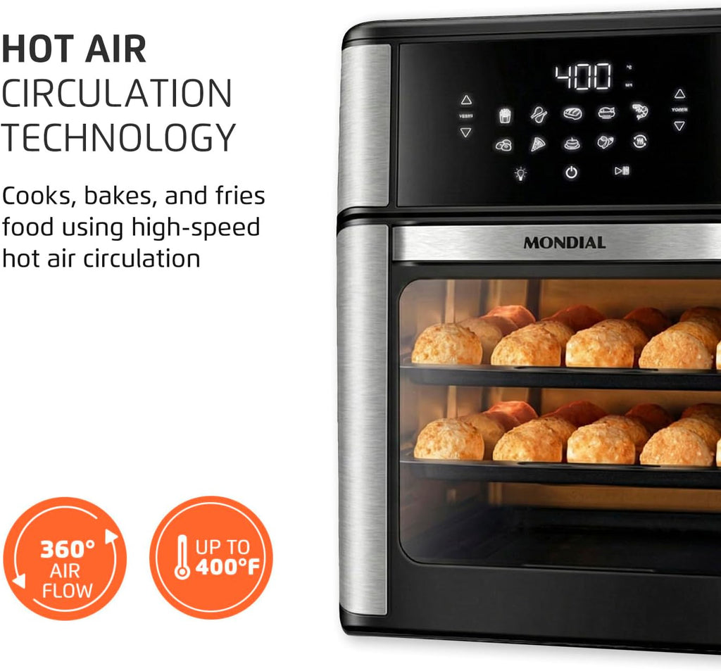 Air Fryer Oven 1800W, 12.7QT Capacity, Touchscreen Panel, Automatic Shut-Off, Toaster + Airfryer – Black & Stainless Steel – Mondial