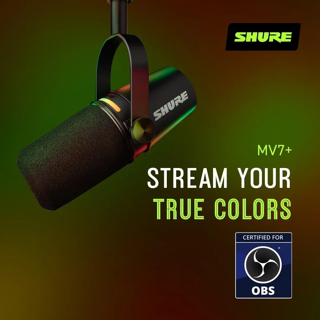 Shure MV7+ Dynamic Microphone – USB-C & XLR Podcast Mic for Streaming, Recording & Broadcasting, OBS Certified, Auto Level Mode, Digital Pop Filter, LED Panel, Black