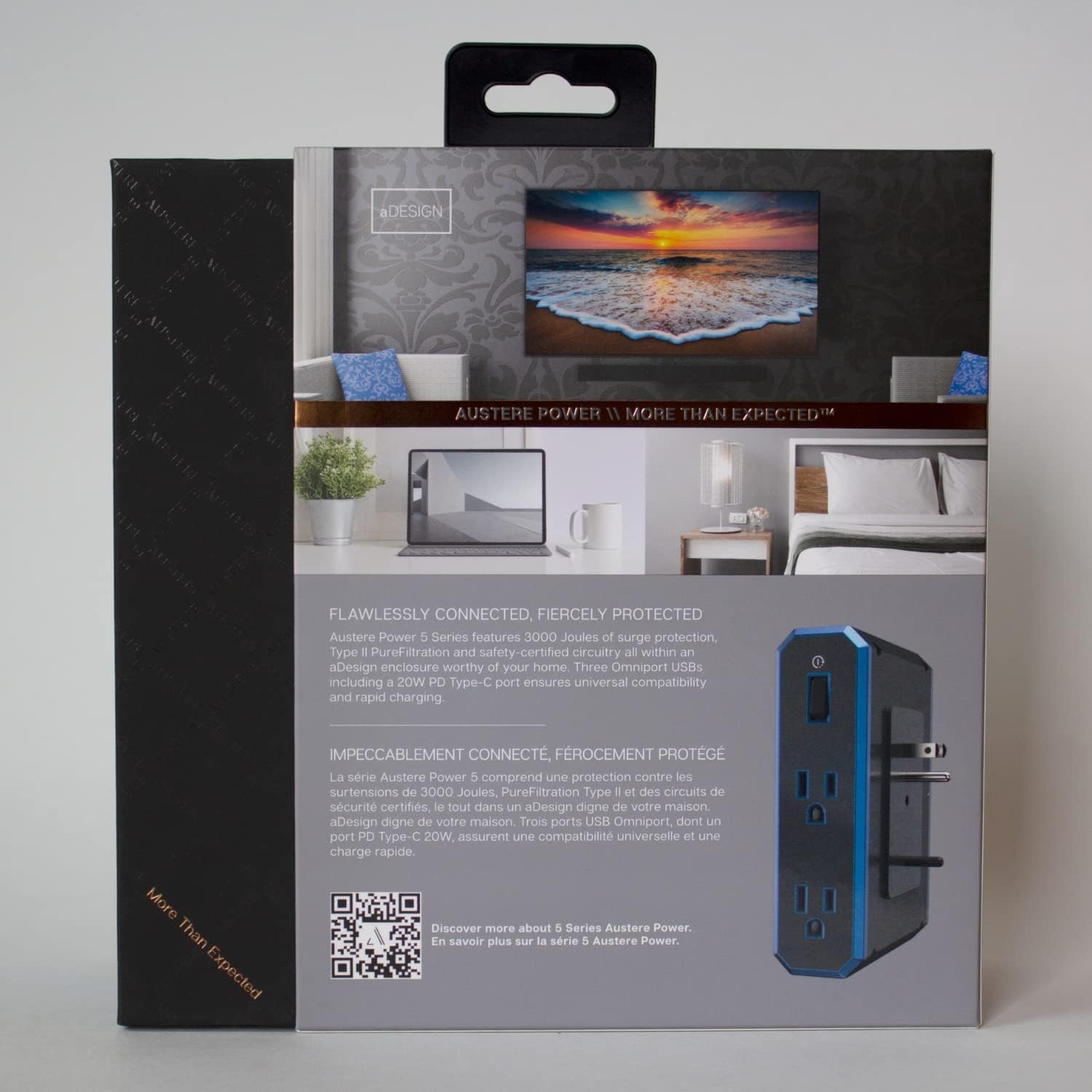 Austere V Series, Wall Power 4 Outlet Surge Protector, 3000 Joules, EMI/RFI Filtering, 1 USB-C 20W Fast Charger, 1 USB-C 2.4 amps, 1 USB-A 2.4 amps, Overcurrent Protection, 5 Year Component Guarantee