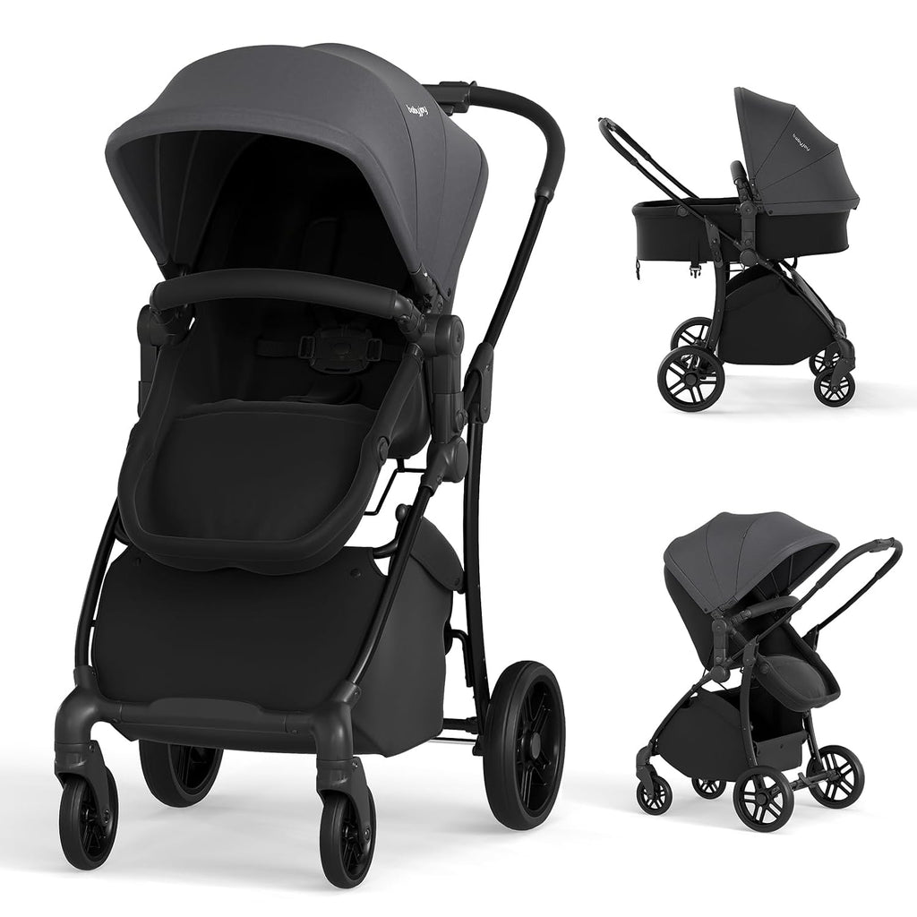 BABY JOY 2 in 1 Baby Stroller, High Landscape Convertible Bassinet Stroller with Reversible Seat, Adjustable Backrest & Canopy, Foldable Pushchair Pram Stroller for Newborn Toddler 0-36 Months (Gray)