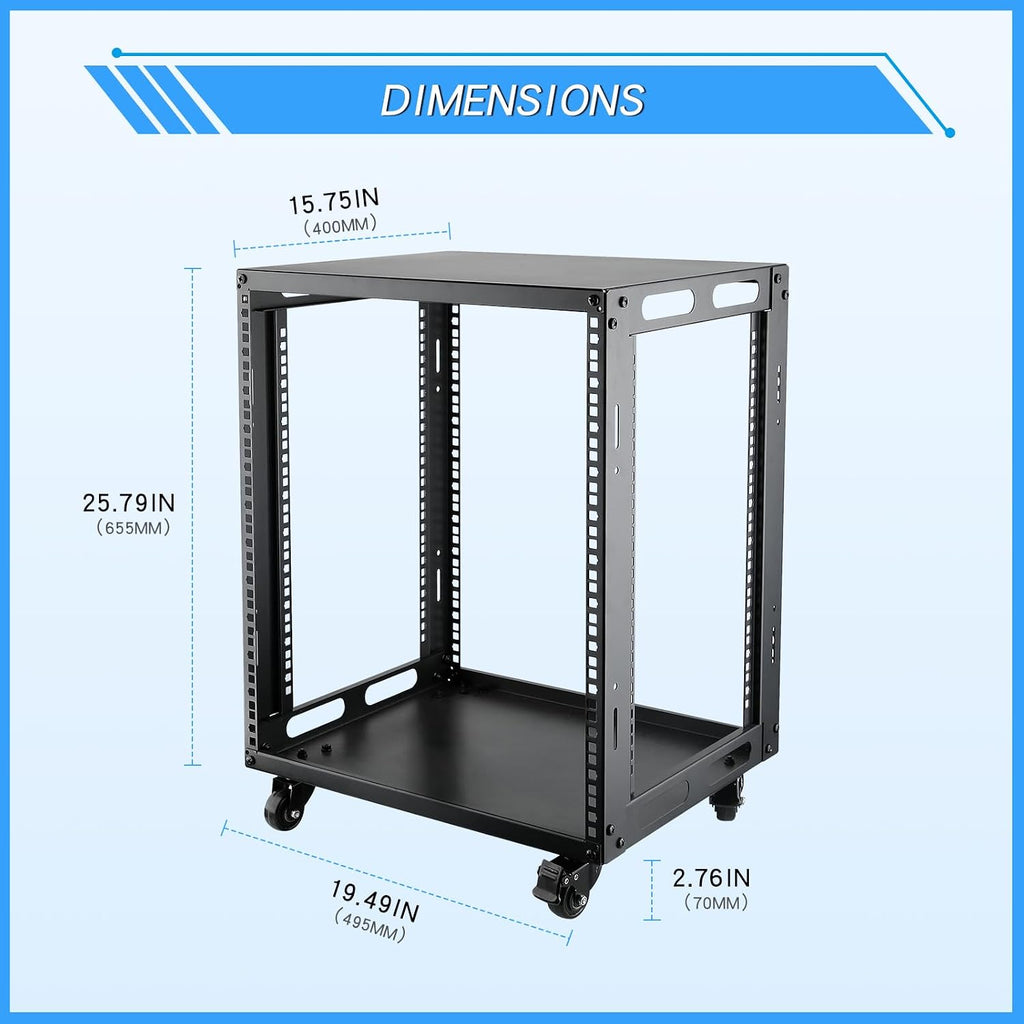 12U Open Frame Server Rack with Wheels Free Standing Network Server Rack for Servers & AV Gear Black