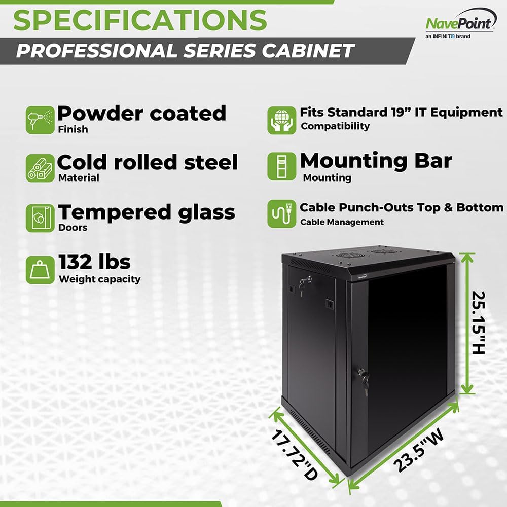 NavePoint 12U Wall Mount Network Cabinet for 19' IT Equipment, A/V, Tempered Glass Door, Locks, 2 Fans, 450mm Depth, Max Weight 132 lbs