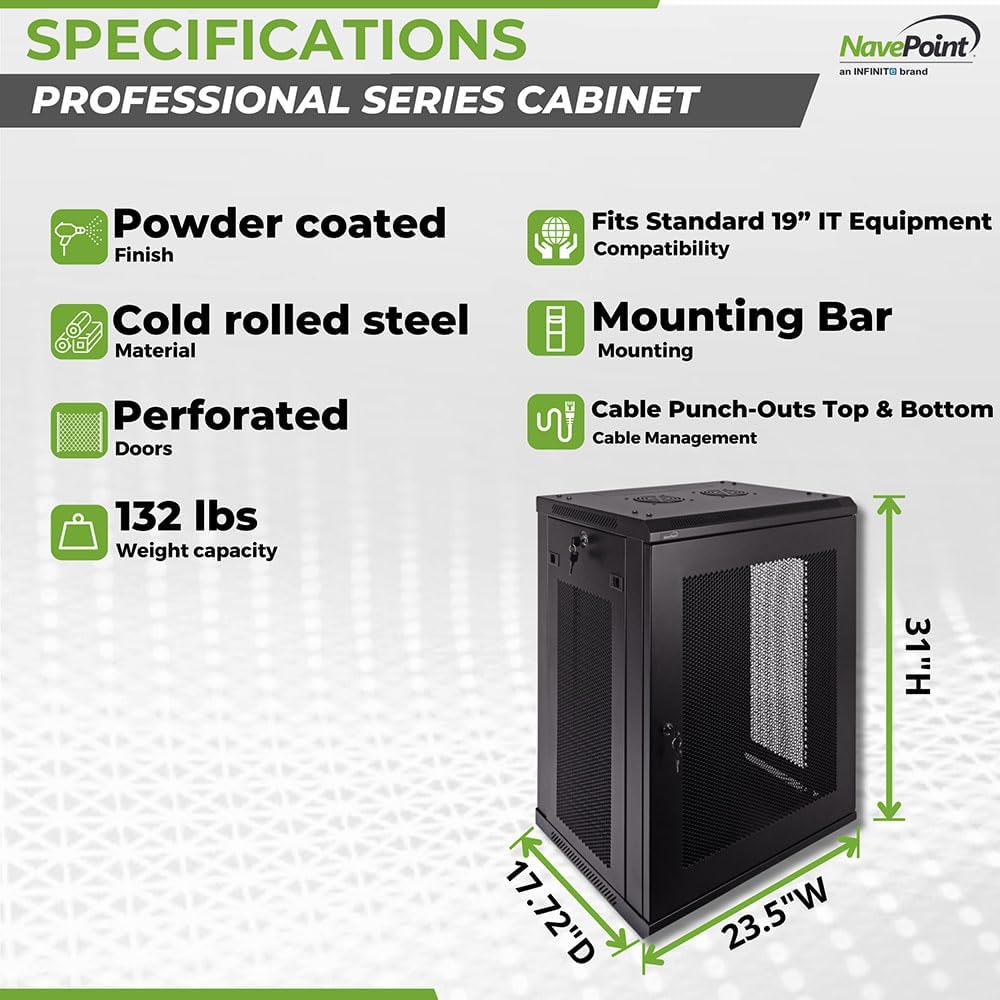 Navepoint 15U Deluxe IT Wallmount Cabinet Enclosure 19-Inch Server Network Rack with Locking Perforated Door 16-Inches Deep Black