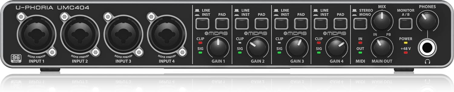 Behringer UMC404HD Audiophile 4x4, 24-Bit/192 Khz USB Audio/MIDI Interface with Midas Mic Preamplifiers | For Recording Microphones and Instruments