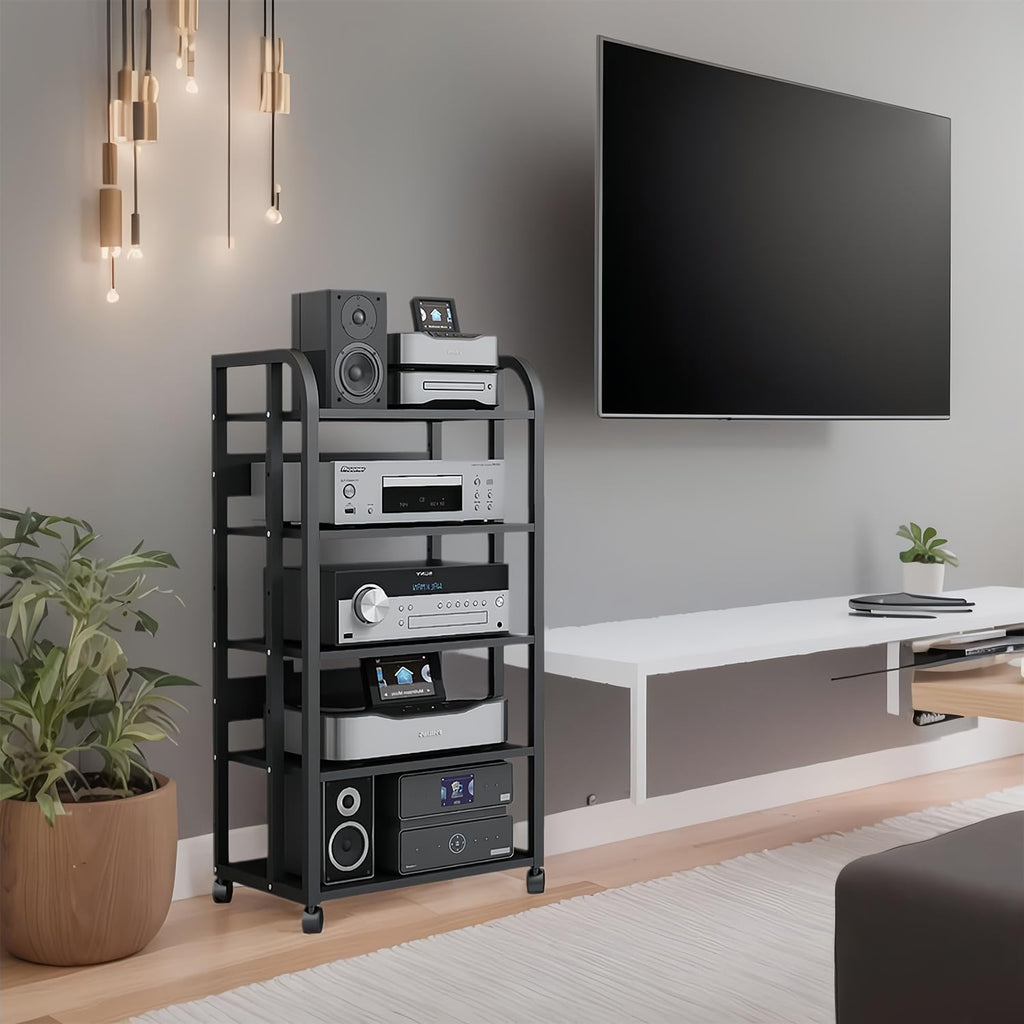 5-Tier AV Media Stand with Wheels, Audio-Video Shelving Adjustable, Modern Stereo Cabinet Receiver Console Shelf, Audio Component Rack for Home/Office/Theater, Blcak