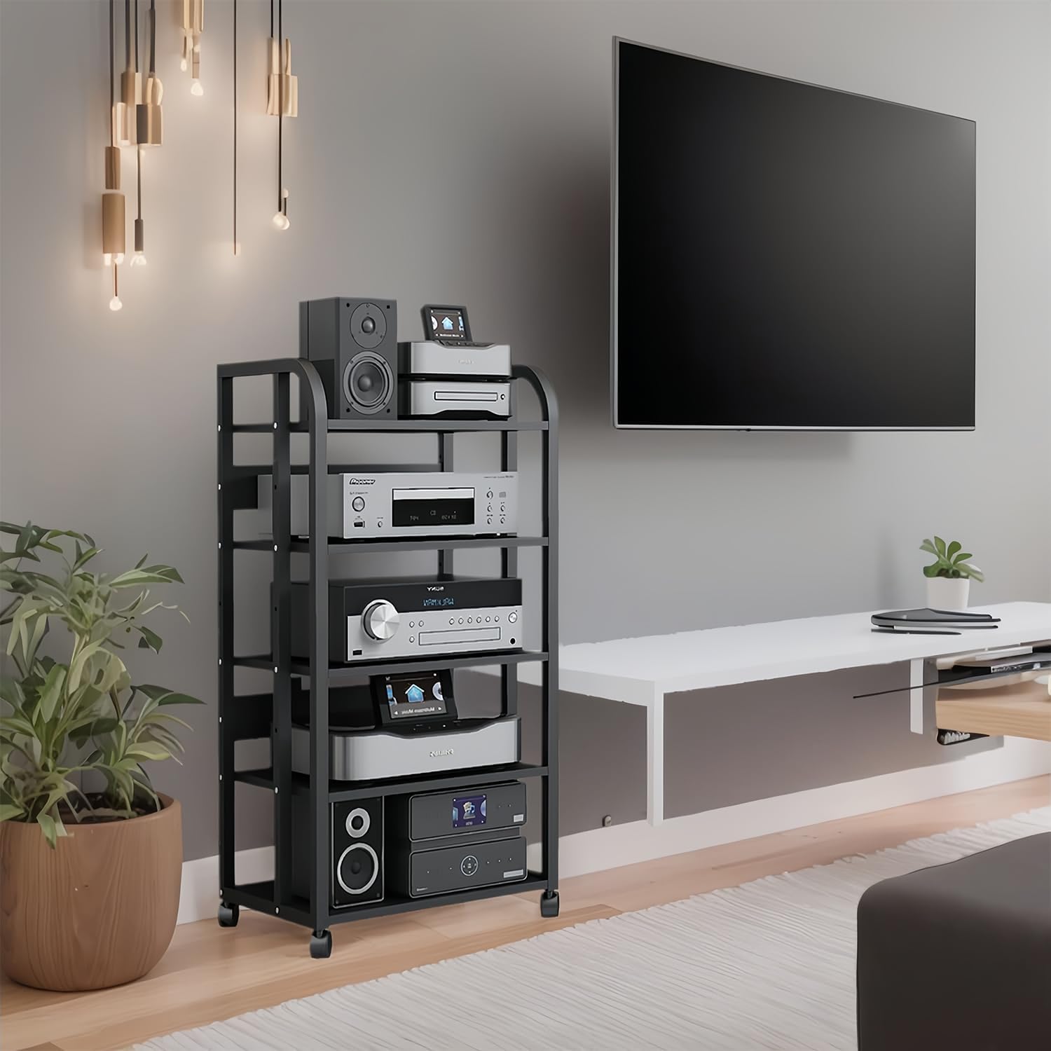 5-Tier AV Media Stand with Wheels, Audio-Video Shelving Adjustable, Modern Stereo Cabinet Receiver Console Shelf, Audio Component Rack for Home/Office/Theater, Blcak