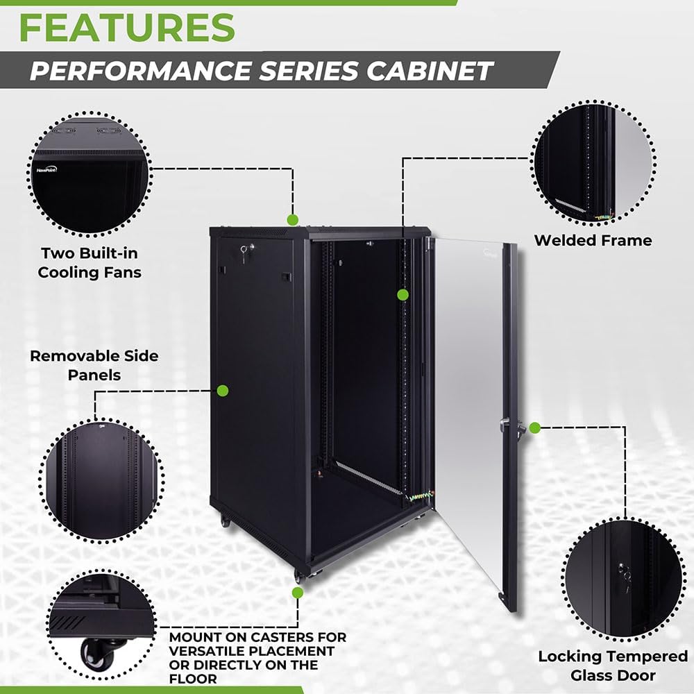 NavePoint 22U Server Cabinet Wall Mount Rack Enclosure with Caster Wheels, 2 Fans, Locking Glass Door, Removable Side Panels – 22U Network Cabinet 23.6' Deep, 19' Server Rack for A/V Equipment