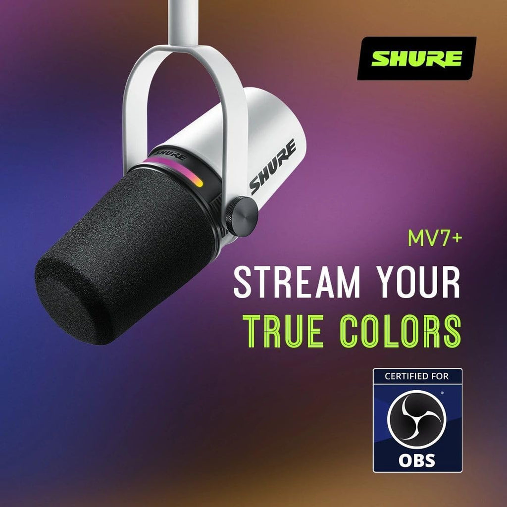 Shure MV7+ Dynamic Microphone – USB-C & XLR Podcast Mic for Streaming, Recording & Broadcasting, OBS Certified, Auto Level Mode, Digital Pop Filter, LED Panel, White