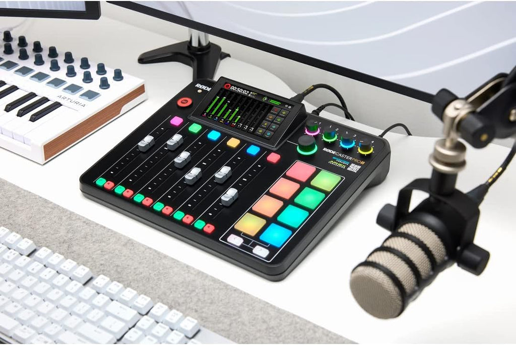 Rode RODECaster Pro II Audio Production Studio Bundle with Zoom ZDM-1 Podcast Mic Pack, StreamEye Adjustable Boom Arm, 32GB microSD Card and StreamEye Polishing Cloth