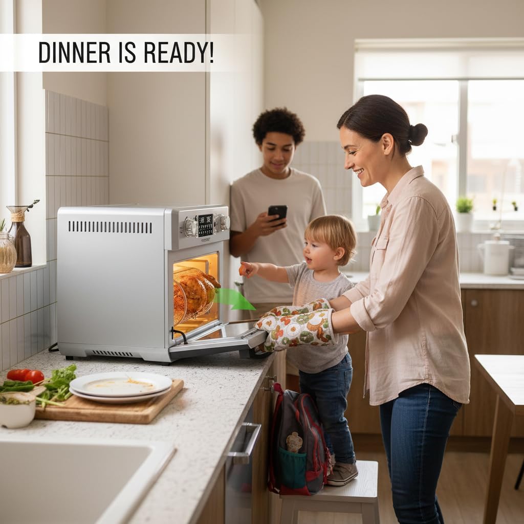 NutriChef 26QT Air Fryer Oven | Countertop Convection Toaster & Air Fryer | 360° Rotisserie Feature | 10 Digital Presets | Includes Drip Tray, Air Frying Basket & Bake Rack 15x16x14 | Stainless Steel