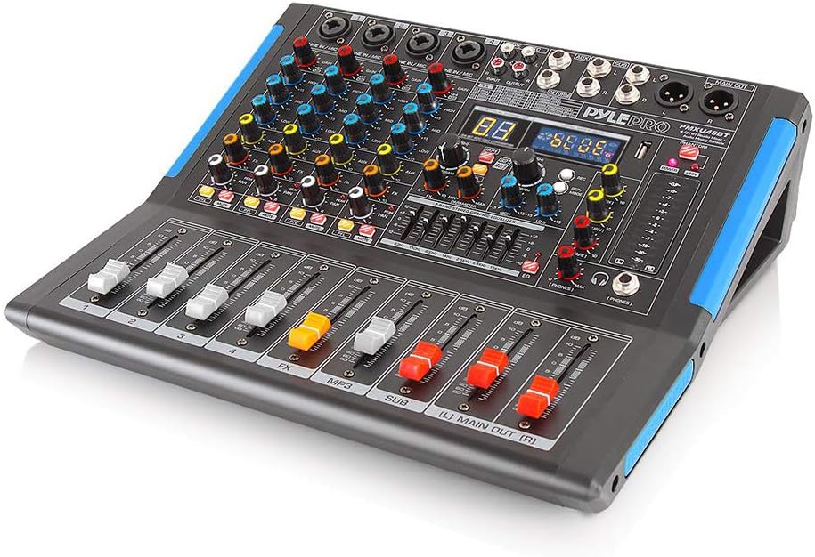 Pyle 4-Channel Bluetooth Studio Audio Mixer-DJ Sound Controller Interface with USB Drive for PC Recording Input, XLR Microphone Jack,48V Power,Input/Output for Professional and Beginners - PMXU46BT